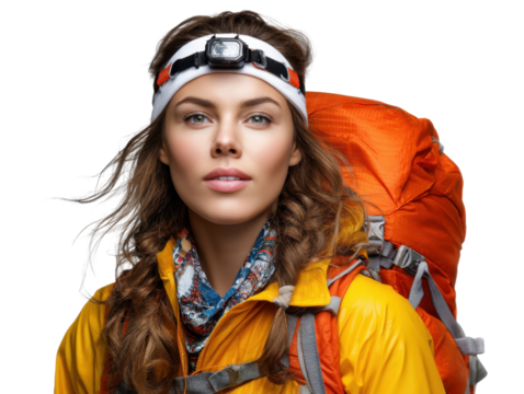 Adventurous spirit: A captivating portrait of a young woman hiker, complete with backpack and headlamp, embodying the spirit of adventure and resilience in the great outdoors.