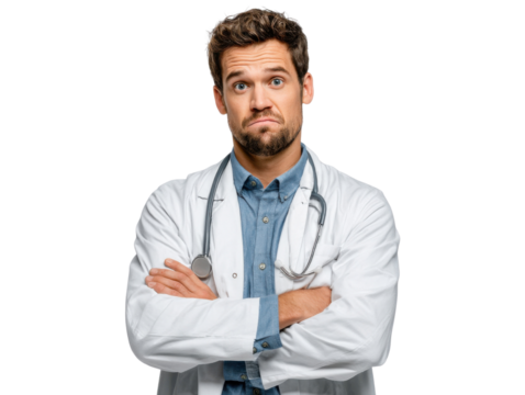 Pensive Medical Professional: A close-up shot of a concerned doctor wearing a stethoscope, embodying a contemplative demeanor with a hint of concern. 