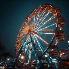 Nighttime ferris wheel with colorful lights