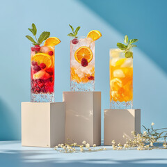 A clean, high-resolution studio photo of three colorful summer drinks in tall, faceted glass tumblers, placed on minimalist beige pedestals of varying heights. High quality photo