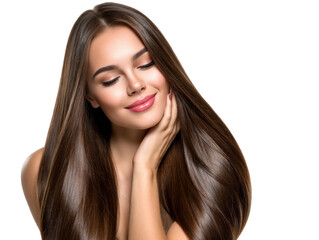 Radiant Woman with Long Brown Hair: A woman with radiant skin and remarkably long, straight brown hair gently touches her face, eyes closed in serene contentment.