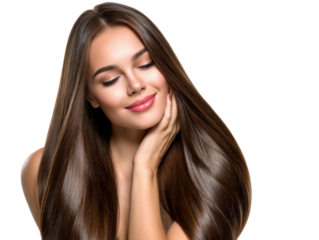 Radiant Woman with Long Brown Hair: A woman with radiant skin and remarkably long, straight brown hair gently touches her face, eyes closed in serene contentment.