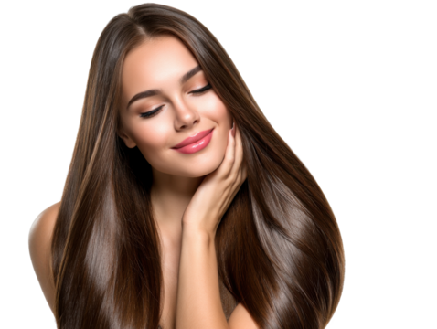 Radiant Woman with Long Brown Hair: A woman with radiant skin and remarkably long, straight brown hair gently touches her face, eyes closed in serene contentment.
