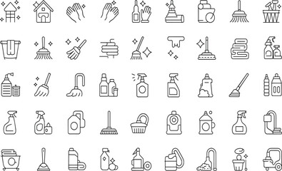 Household Cleaning and Hygiene Icons: Home Care, Sanitation, and Maintenance Line Art Set