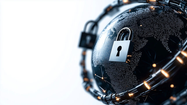 Secure globe with padlocks representing global cybersecurity and data protection. image conveys sense of safety and vigilance in digital world
