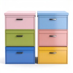 Colorful storage cabinets with multiple drawers, perfect for organizing and decor in modern living spaces.