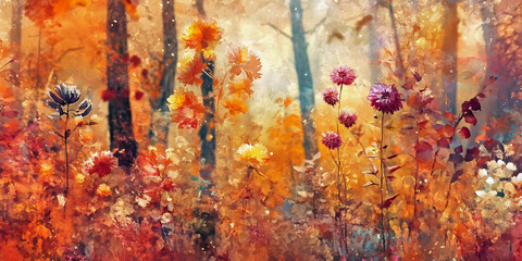 Autumn Floral Landscape Background, ai generated.