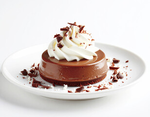 Decadent chocolate cream dessert, white plate. AI