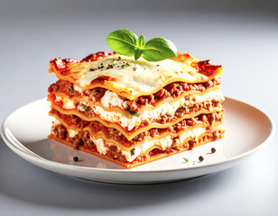 Classic lasagna, served on a white plate. AI