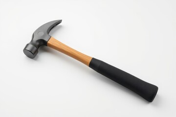Hammer with a wooden handle on a neutral background.