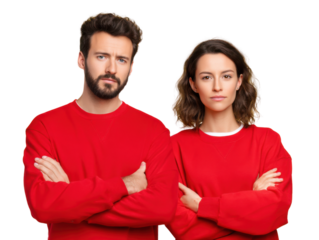 Frustrated Couple's Stance: A close-up shot showcases a man and woman in matching red attire, arms crossed, their expressions conveying frustration, disappointment, and a sense of disagreement.