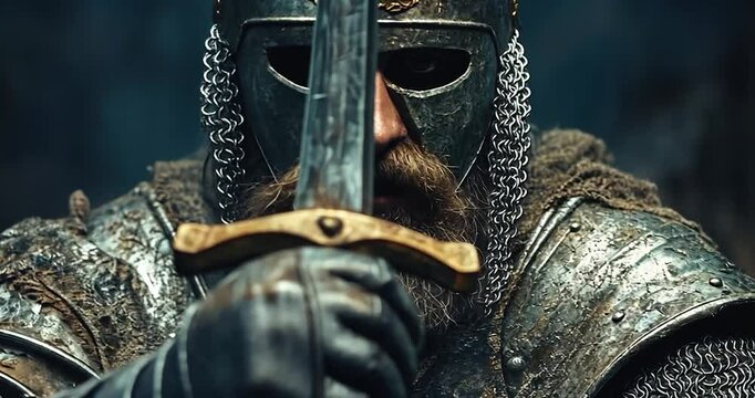 Close up of warrior in a medieval armor holding a sword in front of the camera. Warrior with his head in a helmet, medieval armor holding a sword