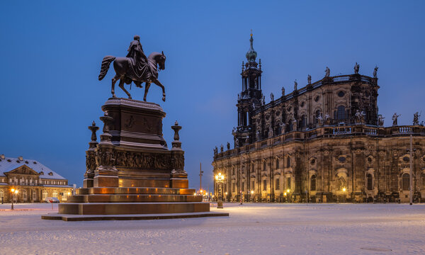 Dresdner Hofkirche (Dresden Cathedral) and K&ouml;nig-Johann-Denkmal (King Johann monument) at night, Dresden, Saxony, Germany	