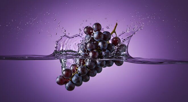 Grape cluster splashing into water against a gradient purple background, capturing motion and freshness.