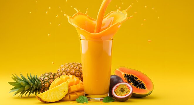 Tropical Fruit Juice: A vibrant splash of refreshing flavors with pineapple, mango, passion fruit, and papaya.
