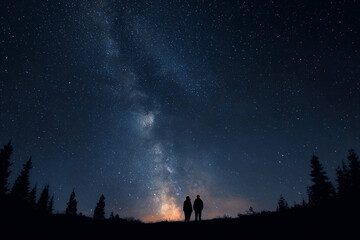 two people standing on a hill looking at the night sky