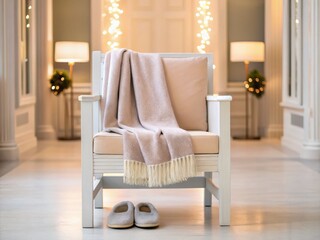 Cozy beige armchair with a fringed throw blanket and slippers in a softly lit, elegantly decorated hallway with warm ambient lighting.