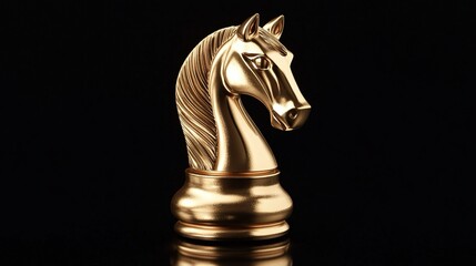 Pezzo degli scacchi "Cavallo d'oro". Concetto per competizione e strategia, sfondo nero