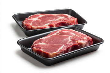 two pieces of meat in a black tray