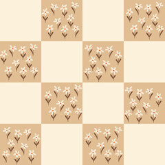 Beige checkered seamless pattern with dainty white floral bouquets