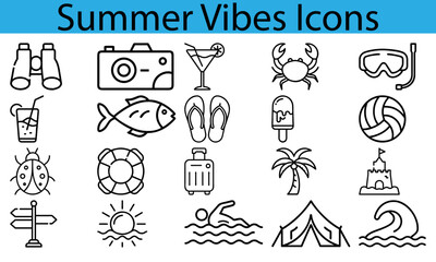 Summer Vacation Line Icon Set &ndash; Vector Collection Featuring Binoculars, Camera, Cocktail, Crab etc