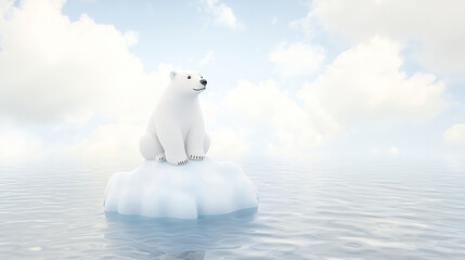 Cute polar bear sitting on melting ice floe in serene ocean setting, surrounded by soft clouds and calm atmosphere