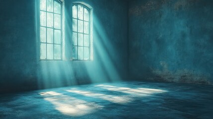 Empty room, sunlight streams through windows
