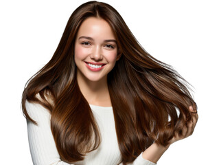 Radiant Brunette: A gorgeous brunette woman with long, flowing hair exudes health and happiness in a beauty portrait. Her hair cascades in waves, reflecting light and showcasing a vibrant.