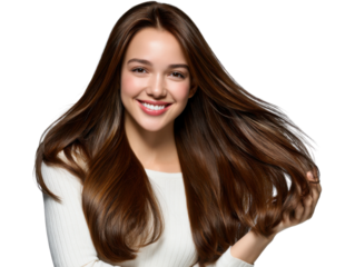 Radiant Brunette: A gorgeous brunette woman with long, flowing hair exudes health and happiness in a beauty portrait. Her hair cascades in waves, reflecting light and showcasing a vibrant.