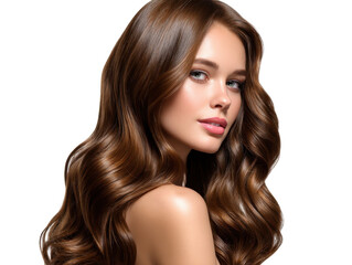 Radiant Beauty: A portrait of a gorgeous woman showcasing a captivating cascade of shiny, flowing brown hair and flawless skin, exuding a serene and poised expression.