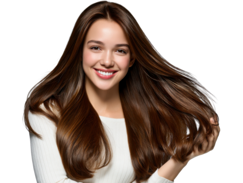 Radiant Brunette: A gorgeous brunette woman with long, flowing hair exudes health and happiness in a beauty portrait. Her hair cascades in waves, reflecting light and showcasing a vibrant.