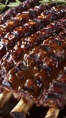 Close-up of grilled ribs glistening with BBQ sauce