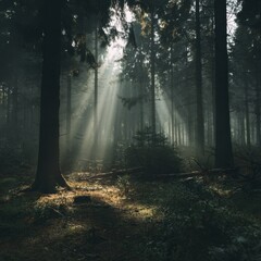 Obraz premium Sunlight path through forest