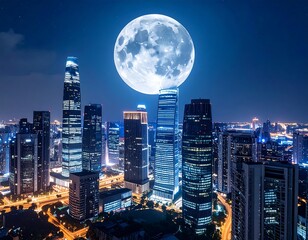 City skyline at night with a large moon