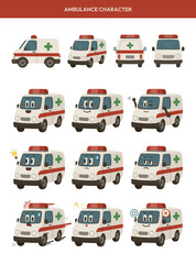 Fototapeta premium Animated Ambulance Character Set – Expressive Cartoon Emergency Vehicle with Emotions and Multiple Angles, 표정과 다양한 각도가 포함된 구급차 캐릭터 일러스트 세트