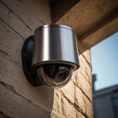 Closeup of a modern domeshaped security camera mounted on a brick wall