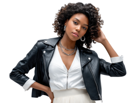 Stylish Woman with Leather Jacket: A stunning young woman with a dynamic gaze and elegant poise strikes a pose. Adorned in a black leather jacket.