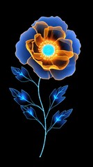 Artistic floral illustration of a neon blue and orange glowing flower on black background