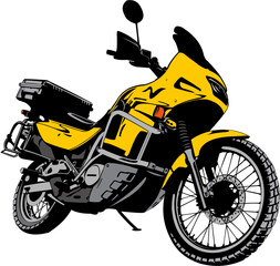 Yellow adventure motorbike vector illustration. Sport motorcycle classic old motorcycle for traveling around the world. No bodies on white background. Simple color
