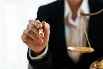 A professional lawyer advises a client in a legal office, reviewing contracts and justice symbols...