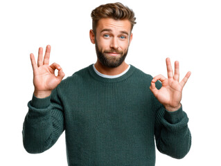 Confident Approval: A young man, radiating assurance, flashes the 'okay' gesture with both hands, signaling approval and conveying a sense of positivity and agreement.