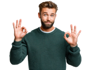 Confident Approval: A young man, radiating assurance, flashes the 'okay' gesture with both hands, signaling approval and conveying a sense of positivity and agreement.