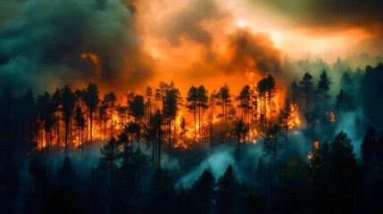 A powerful image depicting a devastating forest fire with flames consuming trees
