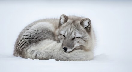 Fototapeta premium An arctic fox curled up in a snow-covered landscape, taking a nap. 