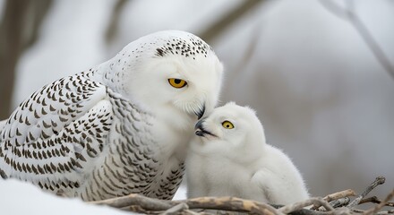 Fototapeta premium A mother owl and her young, sharing a tender moment in a winter scene. 