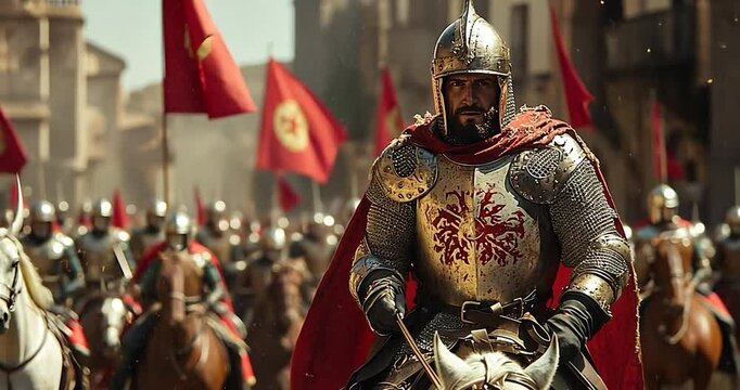 Warrior riding a horse in the parade, red flags, metal armor and a red cape