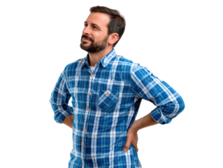 Contemplative Man in Plaid: A reflective bearded man, adorned in a stylish plaid shirt, gazes pensively upward, his hands resting on his back in a moment of thoughtful contemplation.