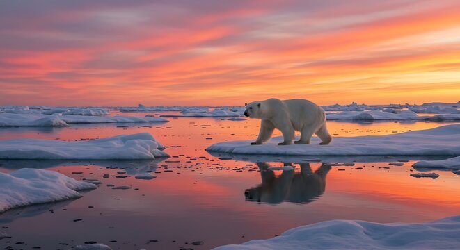 A majestic polar bear traversing the arctic expanse under a vibrant sunset sky. 