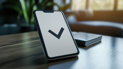 A 3D check mark on a smartphone screen, signaling the completion of an online survey, as the user feels accomplished and satisfied with their participation