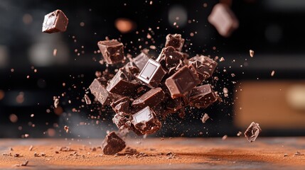 Naklejka premium Chocolate pieces in motion, suspended in air